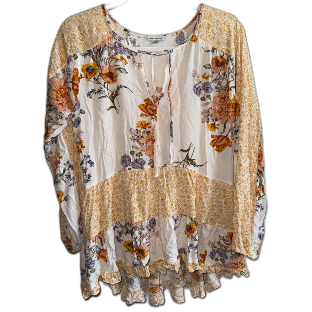 American Eagle Floral Patchwork Babydoll Blouse Small Long Sleeve Peasant Top